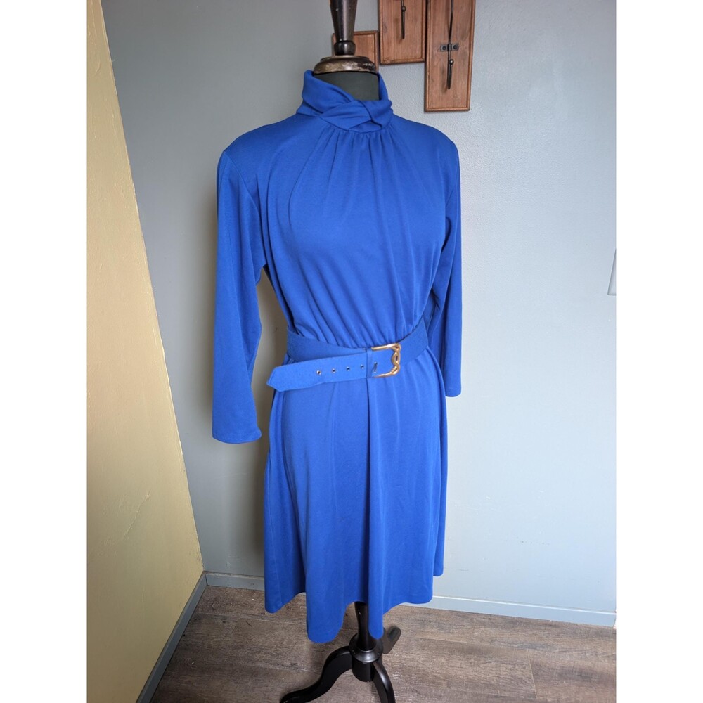 Vintage Bright Blue Long Sleeve Dress; 80s Belted Jersey Dress